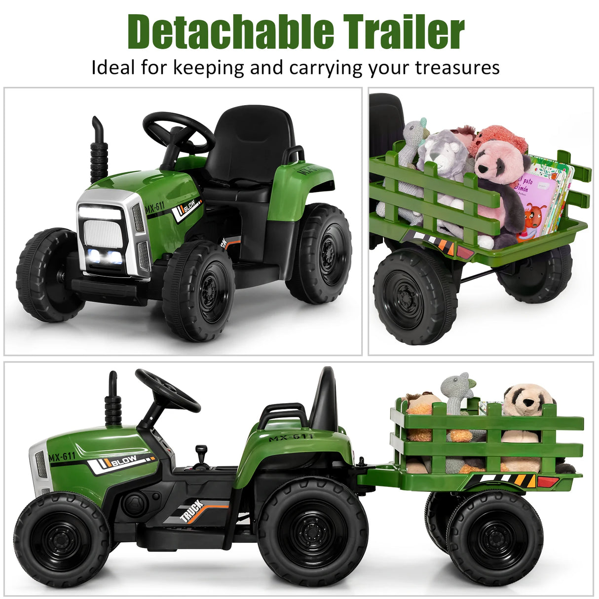12V Ride on Tractor and Trailer with LED Lights for Children Ages 3+