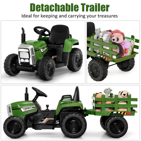 12V Ride on Tractor and Trailer with LED Lights for Children Ages 3+