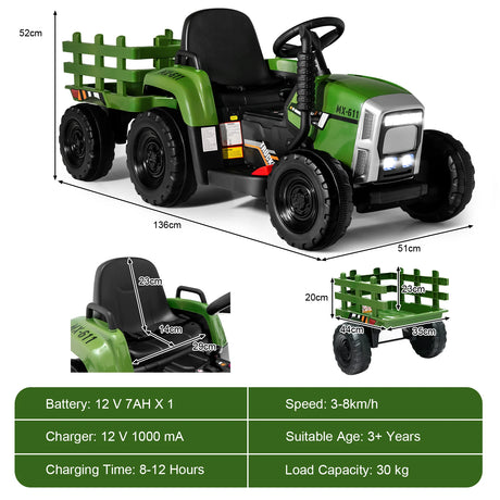 12V Ride on Tractor and Trailer with LED Lights for Children Ages 3+
