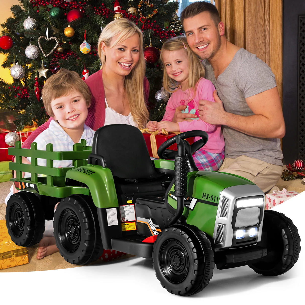 12V Ride on Tractor and Trailer with LED Lights for Children Ages 3+