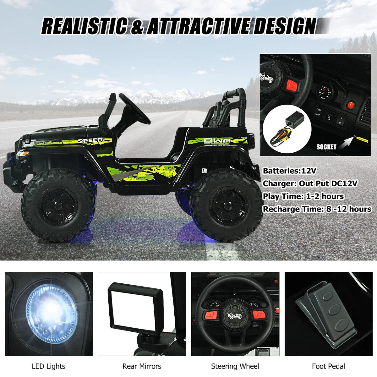 12V Battery Powered Kids Ride on Truck with Remote Control-Black