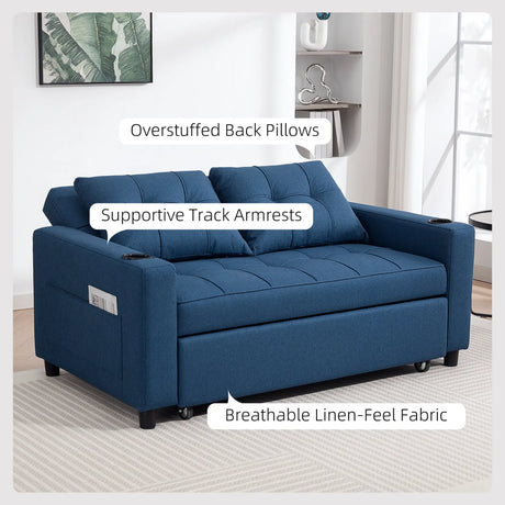 HOMCOM 2-Seater Sofa Bed with Cup Holders and Side Pockets for Overnight Guest, Dark Blue