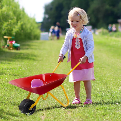 Kids Metal Cart Wheelbarrow Brick Toy Soil Garden Trolley-Red