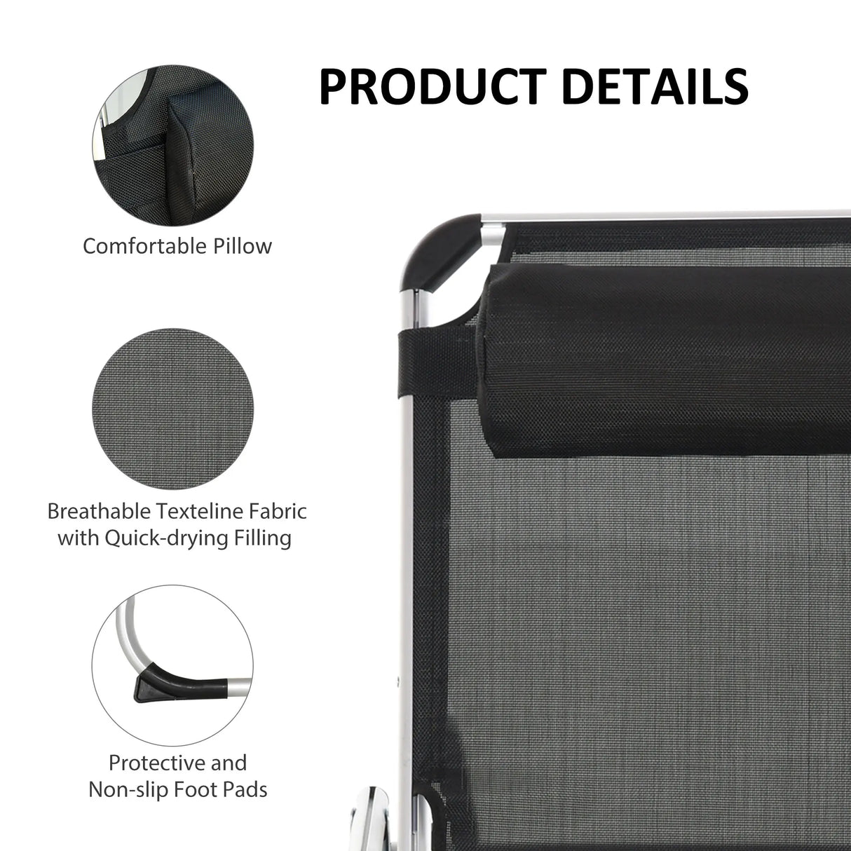 Outsunny Foldable Outdoor Sun Loungers Set of 2, Reclining Lounge Chair Camping Bed Cot with Pillow 4-Level Adjustable Back Aluminium Frame, Black