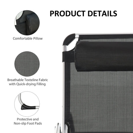 Outsunny Foldable Outdoor Sun Loungers Set of 2, Reclining Lounge Chair Camping Bed Cot with Pillow 4-Level Adjustable Back Aluminium Frame, Black