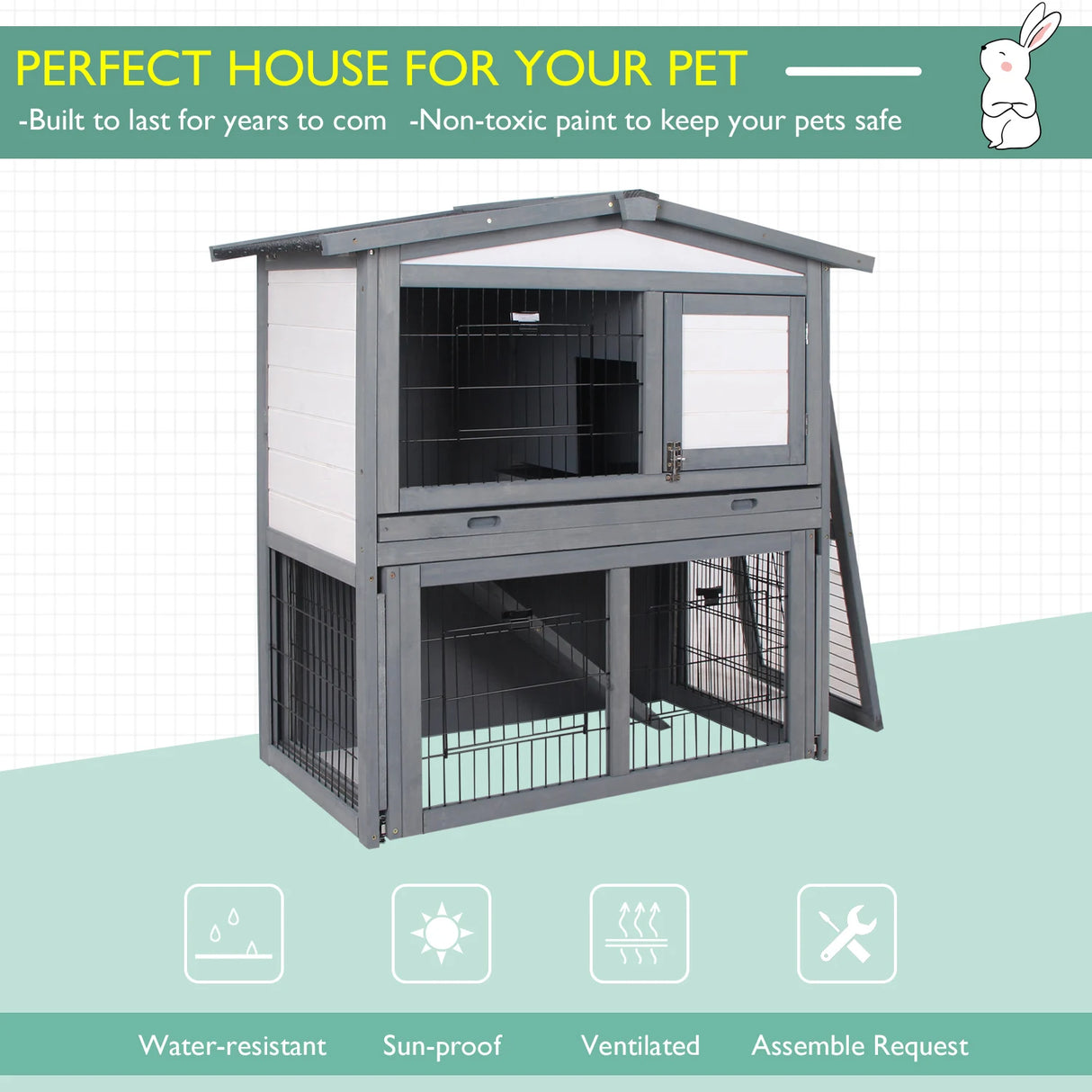 PawHut Rabbits 2-Tier Fur Wood Outdoor Hutch Guinea Pigs Hutches Grey