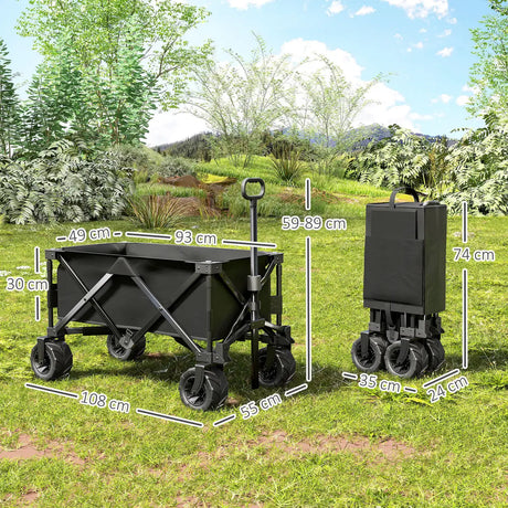 Outsunny Outdoor Folding Garden Trolley on Wheels, Capming Cargo Wagon Cart Trailer w/ Handle, Wheels for Beach Garden, Black