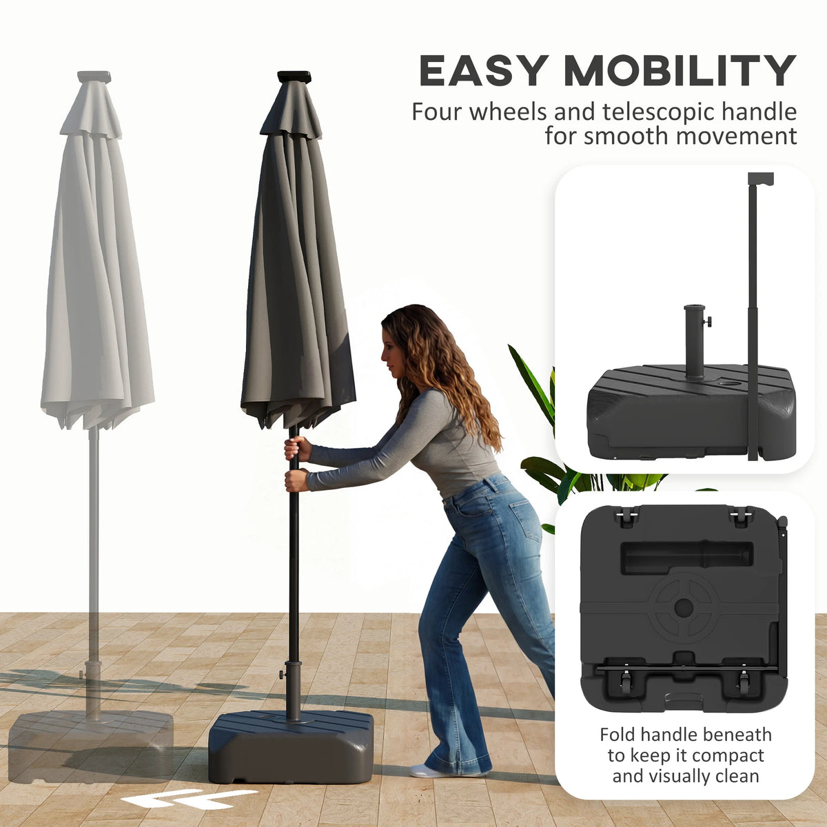 Outsunny Garden Parasol Base with Wheels, Telescopic Handle, 72 kg /45 kg Fillable Sun Umbrella Base Parasol Stand, Black