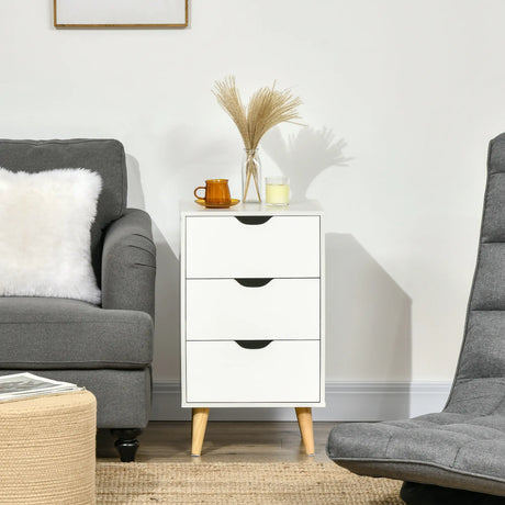 HOMCOM Bedside Table, Bedside Cabinet with 3 Drawers, Side End Table with Pine Wood Legs for Bedroom Living Room, White