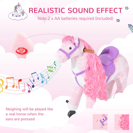 HOMCOM Plush Walking Horse Ride On Toy with Wheels and Realistic Sounds Rocking Horse for Girls Boys 2+ Years Old, 50cm Tall, Pink