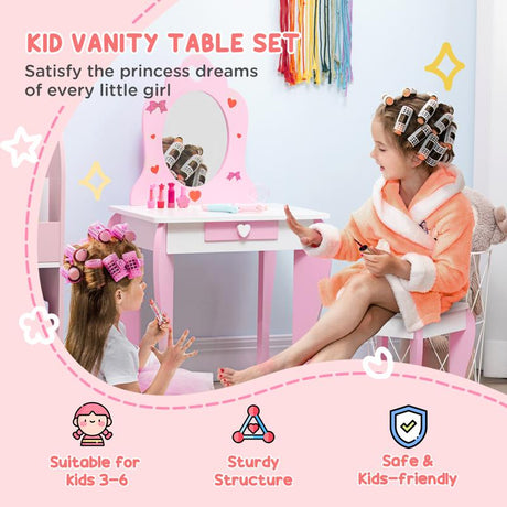 ZONEKIZ 3PCs Kids Bedroom Furniture Set with Bed, Dressing Table and Stool, Princess Themed, for 3-6 Years Old, Pink