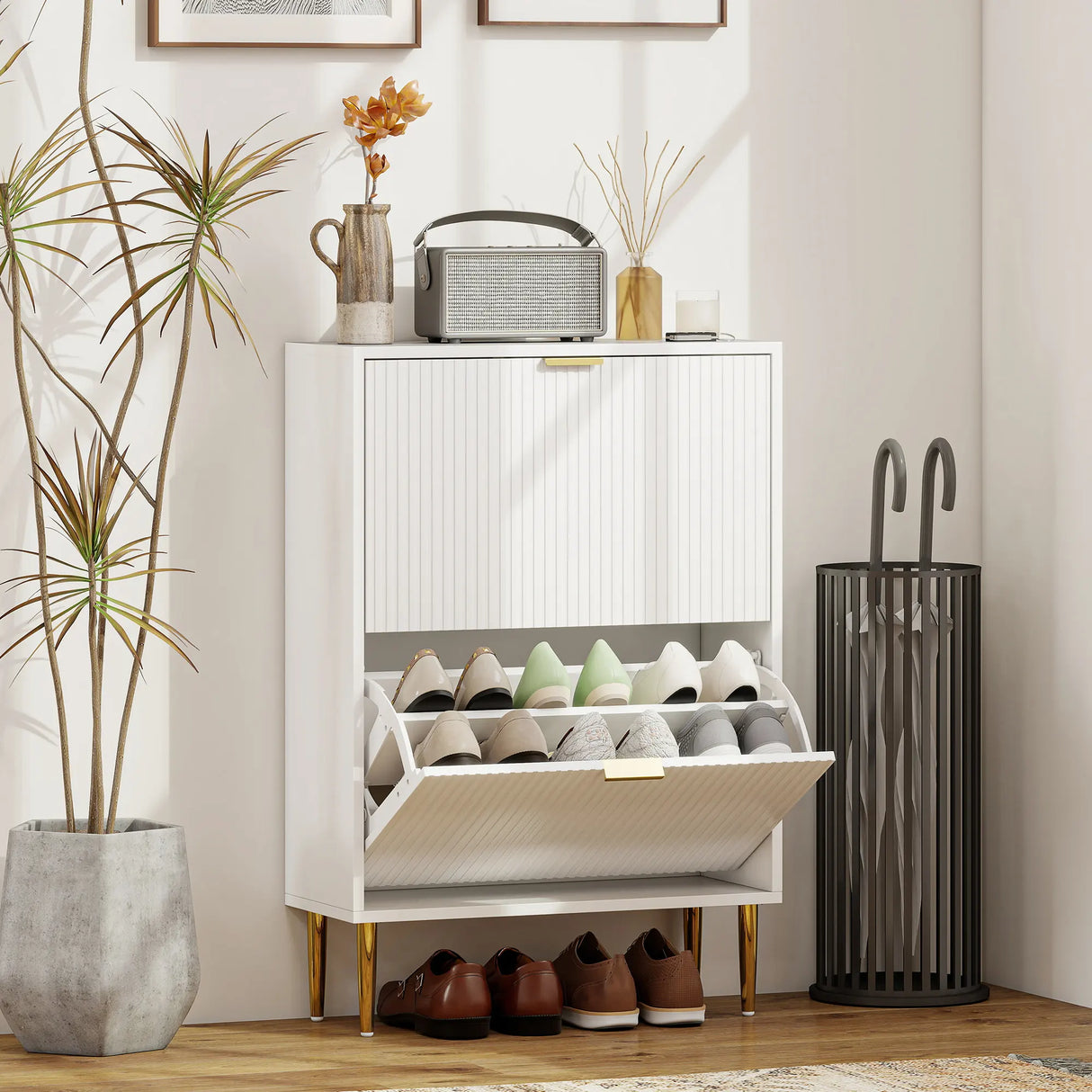 HOMCOM Elegant Two-Drawer Shoe Cabinet - White