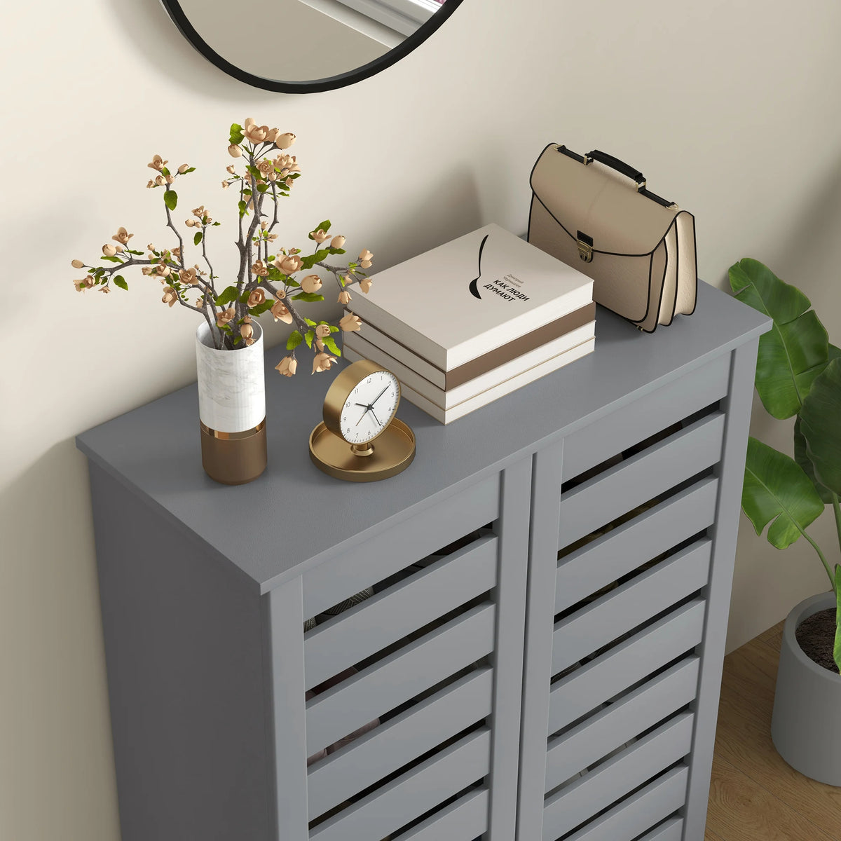 HOMCOM Narrow Shoe Cabinet for Entryway, 5-Tier Slim Shoe Storage Cabinet with 2 Slatted Doors and Adjustable Shelves Grey
