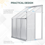 Outsunny 6 x 4ft Lean to Wall Polycarbonate Greenhouse Aluminium Walk-in Garden Greenhouse with Adjustable Roof Vent, Rain Gutter and Sliding Door, Clear