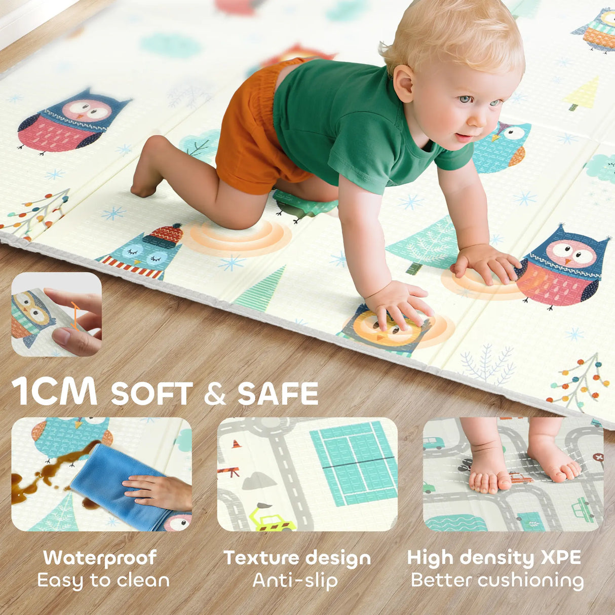 AIYAPLAY Foldable Baby Plat Mat Double Sided, Kids Floor Mat for Crawling, 195.5L x 147.5W cm, Car track and Owl Theme