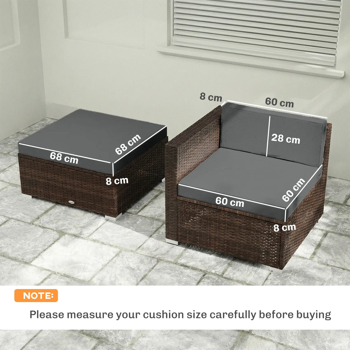 Outsunny 7-Piece Patio Furniture Cushions, Outdoor Loveseat Cushion with Removable Covers for Rattan Furniture, 60x60 cm, Dark Grey