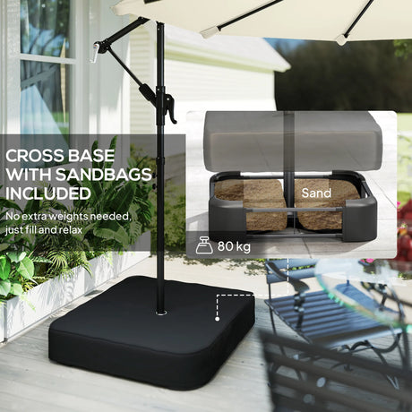 Outsunny 3 m Garden Cantilever Parasol with Cross Base, Sandbag, 360 Rotating Overhanging Banana Umbrella, Cream White