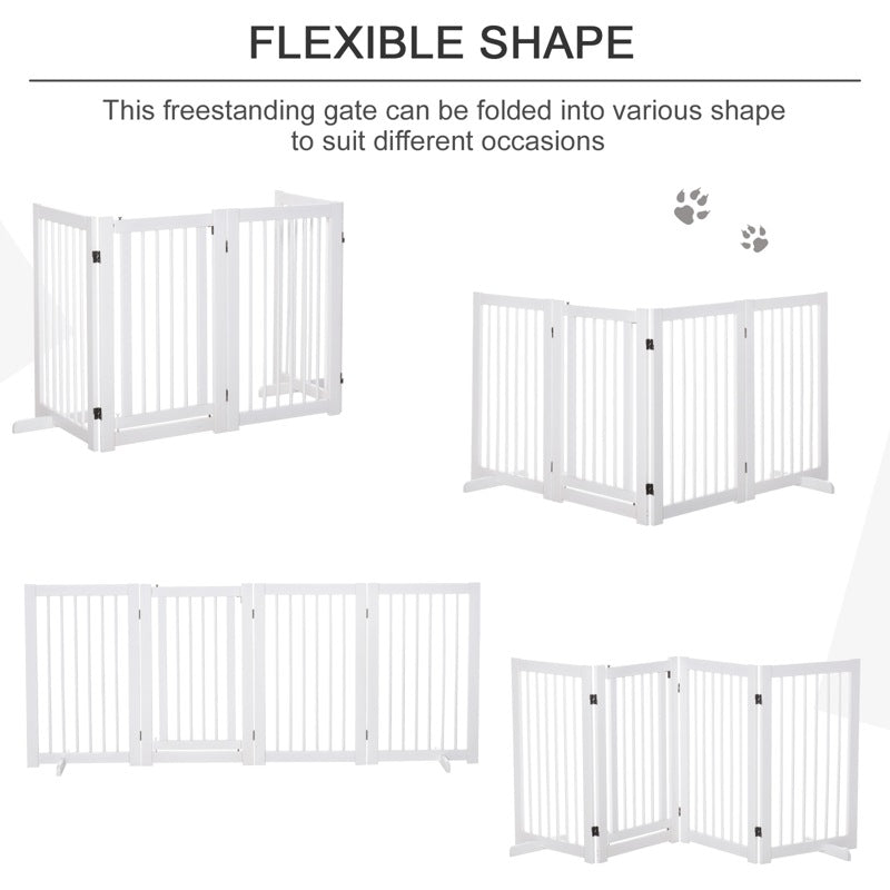 PawHut Freestanding Pet Gate 4 Panels Wooden Dog Safety Fence Foldable with Support Feet for Doorway Stairs 91cm Tall White