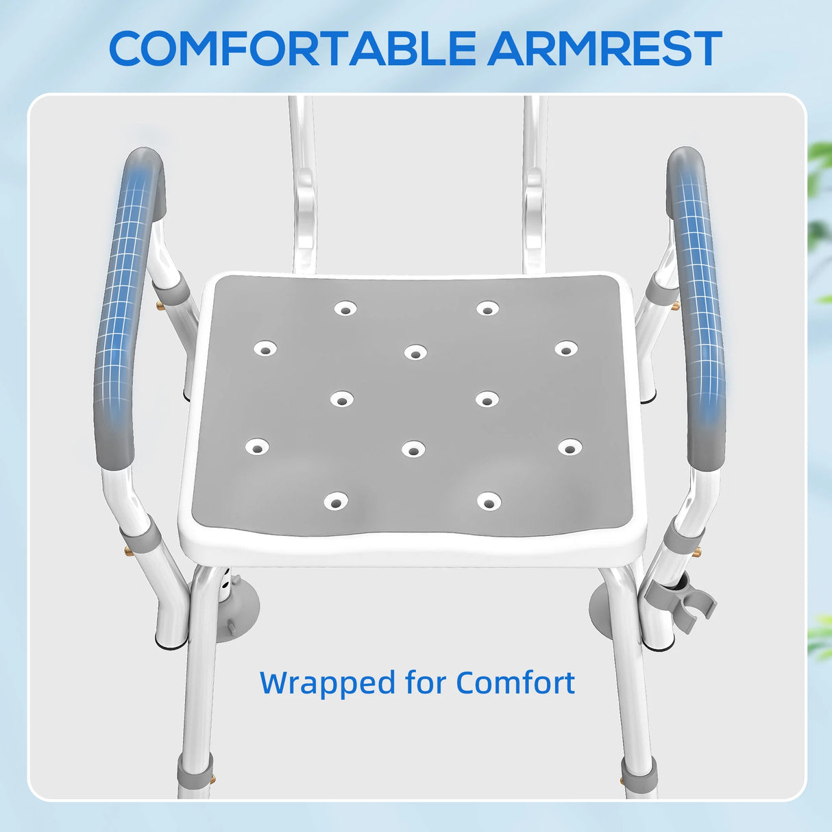 HOMCOM EVA Padded Shower Chair for the Elderly and Disabled, Height Adjustable Shower Stool with Back and Arms, 4 Suction Foot Pads, Light Grey