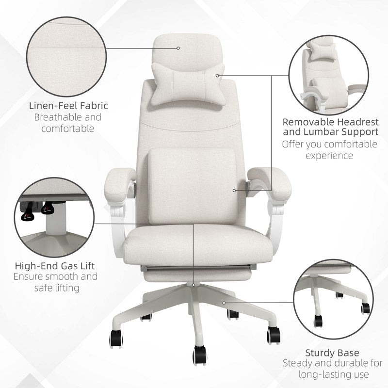 Vinsetto Linen-Look Office Chair, with 160° Reclining Back and Footrest - White