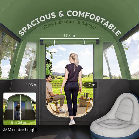 Outsunny 8-Person Camping Tent, Waterproof Family Tent, Tunnel Design, 4 Large Windows, Sleeping Cabins 3000mm Water Column Green