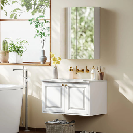 HOMCOM Wall Mounted Bathroom Mirror Storage Cabinet w/ Door Adjustable Shelf, White