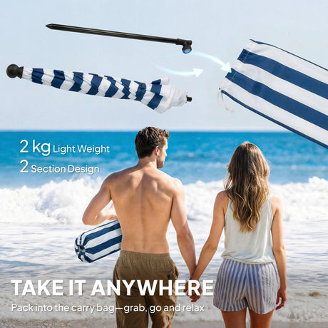 Outsunny 1.8 m Beach Umbrella Parasol with Sand Anchor, Portable 30 Tilting Patio Sun Shade with Adjustable Height, Blue/White