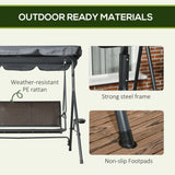 Outsunny 3 Seater Swing Chair, Garden Swing Seat Bench with Adjustable Canopy, Rattan Seat and Steel Frame for Patio, Yard, Dark Grey