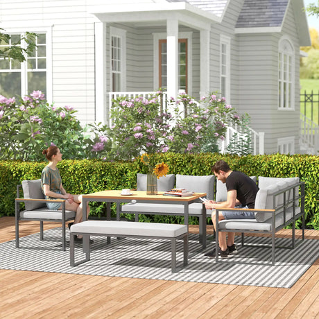 Outsunny Six Piece L Shaped Garden Furniture Set with 3 Loveseats - Natural Wood Finish