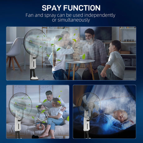 HOMCOM Spray Misting Fan, Floor Fan with Water Mist Spray, 70 Oscillation, Tilt Head, 3 Speeds, 2.8L Water Tank, White