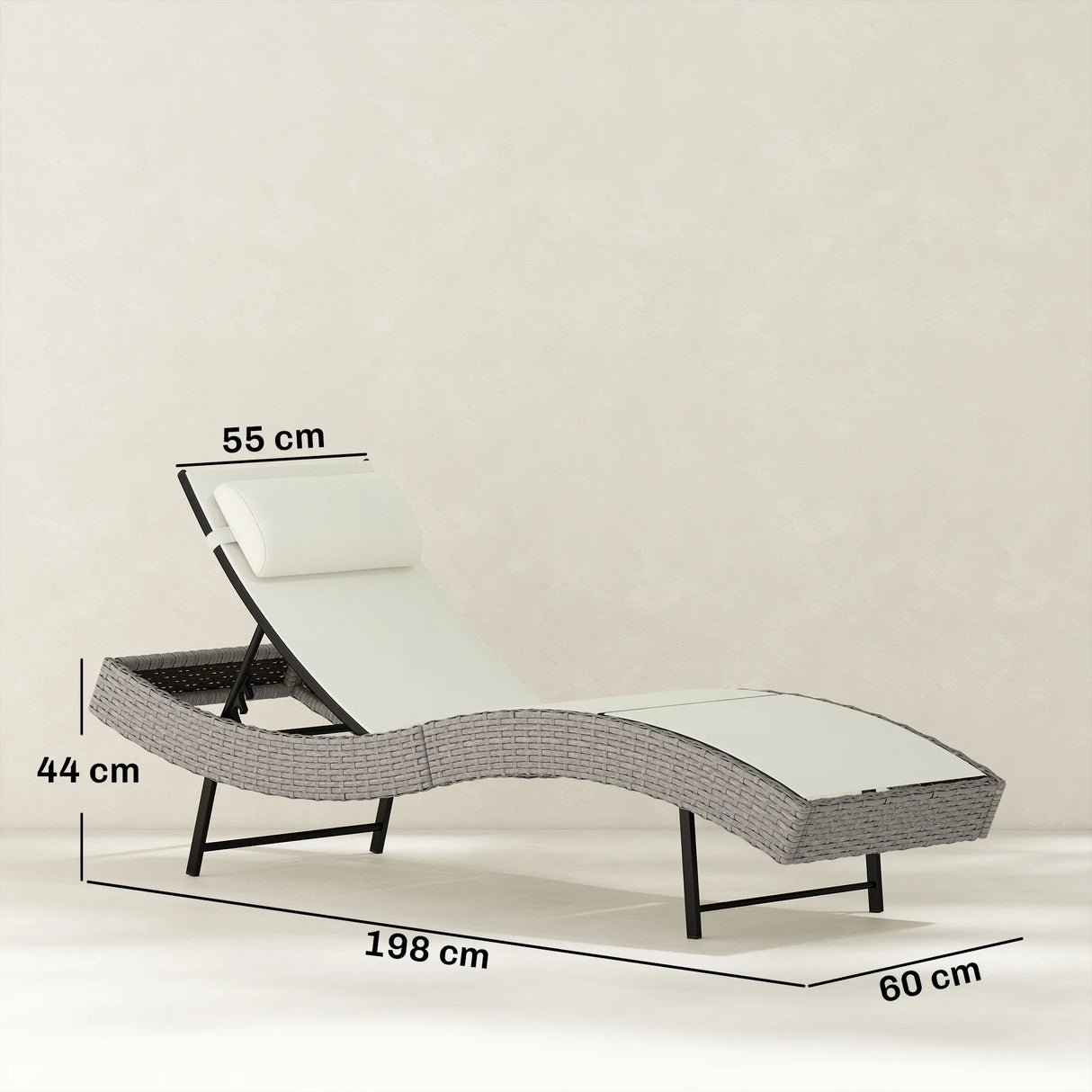 Outsunny Rattan Sun Lounger, Garden Recliner with 5 Position Adjustable Back, S Shaped Texteline Seat, Headrest, Cream White