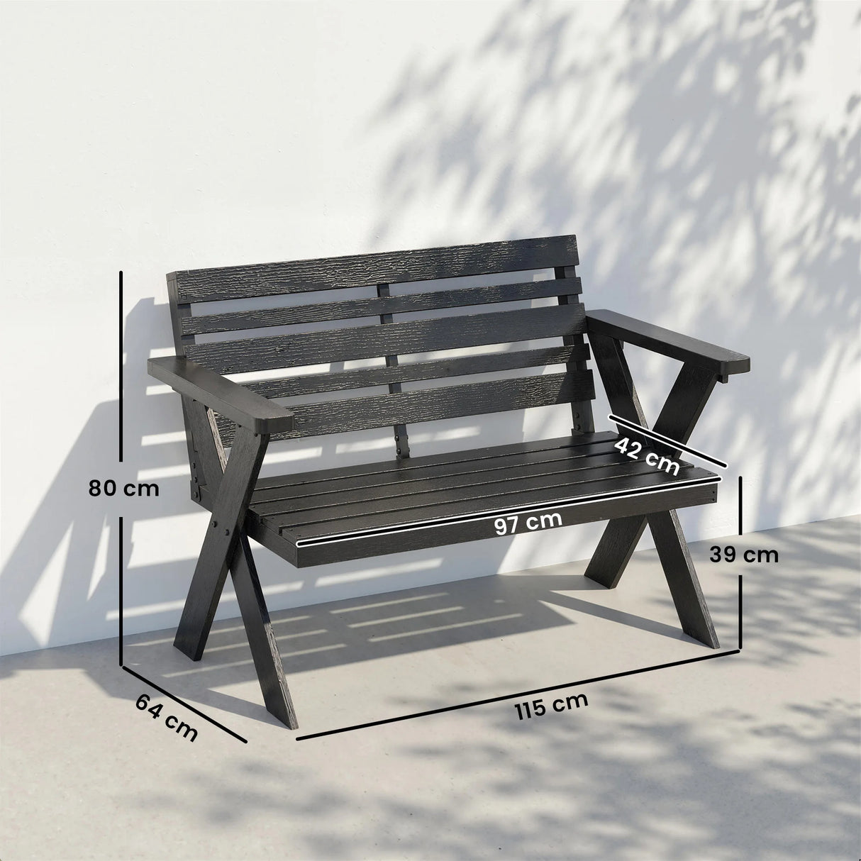 Outsunny 2 Seater Wooden Garden Bench, Slatted Patio Bench with Armrest and Backrest, Black