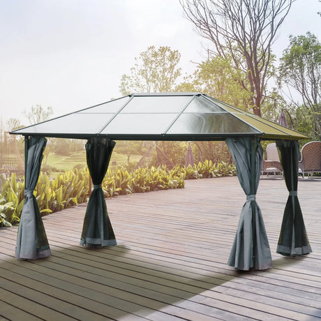 Outsunny 3 x 4m Hardtop Gazebo Canopy with Polycarbonate Roof, Aluminium Frame, Permanent Pavilion Garden Gazebo with Netting and Curtains - Grey