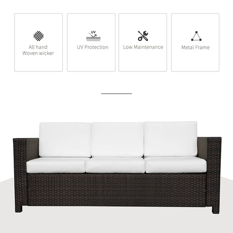 Outsunny 3 Seater Rattan Sofa, All-Weather Wicker Weave Metal Frame Chair with Fire Resistant Cushion, Brown
