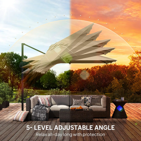Outsunny 3 x 3 m Cantilever Parasol, Square Patio Umbrella with Crank Handle, Cross Base, Tilt, 360 Rotation, Khaki