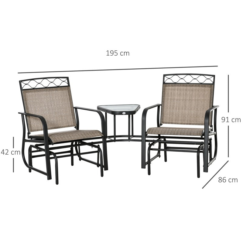 Outsunny Double Outdoor Glider Chair, 2 Seater Patio Rocking Chairs, Swing Bench with Tempered Glass Table, Breathable Mesh Fabric for Backyard, Garden, Porch, Brown