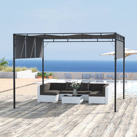 Outsunny 3 x 3(m) Steel Pergola Gazebo with Retractable Roof, Garden Gazebo Canopy Sun Shade Shelter for Outdoor, Deck, Patio, Dark Grey