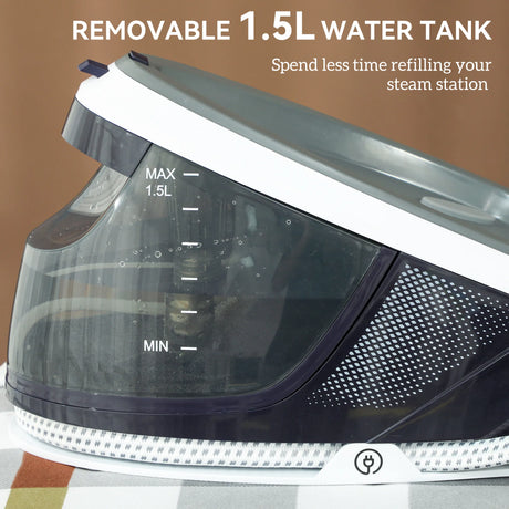 HOMCOM Steam Generator Iron, Energy-Saving, Self-Cleaning, Powerful Vertical Steam, Automatic Shut-Off, Ceramic Non-stick Soleplate, Large 1.5L Detachable Water Tank, 8 Bar, c, Blue