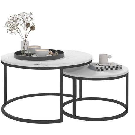 HOMCOM Set of Two Marble-Effect Stacking Tables - Black/White