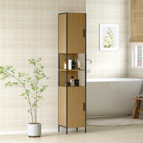HOMCOM Tall Bathroom Cabinet with 2 Doors, Open Compartments and Adjustable Shelves - Natural Wood Finish