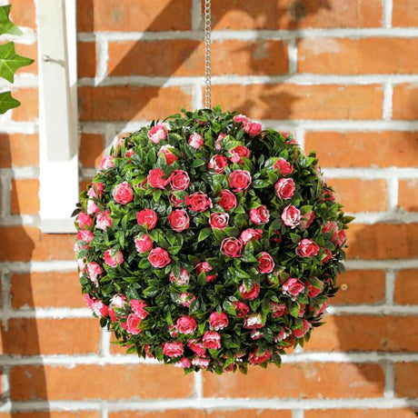 HOMCOM Set of 2 Decorative Artificial Plants, UV-protected Artificial Plant Topiary Rose Balls, Fake Plants for Home Indoor outdoor Decor, 28cm, Pink