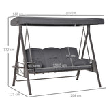 Outsunny 3 Seater Garden Swing Chair Outdoor Hammock Bench w/ Adjustable Canopy, Cushions and Cup Trays, Brown Steel Frame, Dark Grey Fabric