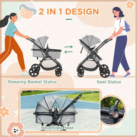 HOMCOM Foldable Baby Stoller, with Reclining Backrest, Adjustable Canopy, for Ages 0-36 Months - Grey