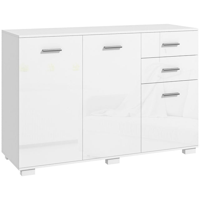 HOMCOM Sideboard, Modern Storage Cabinet with 2 Drawers, 3 Doors and Adjustable Shelves, Kitchen Cabinet for Living Room, Dining Room, High Gloss White