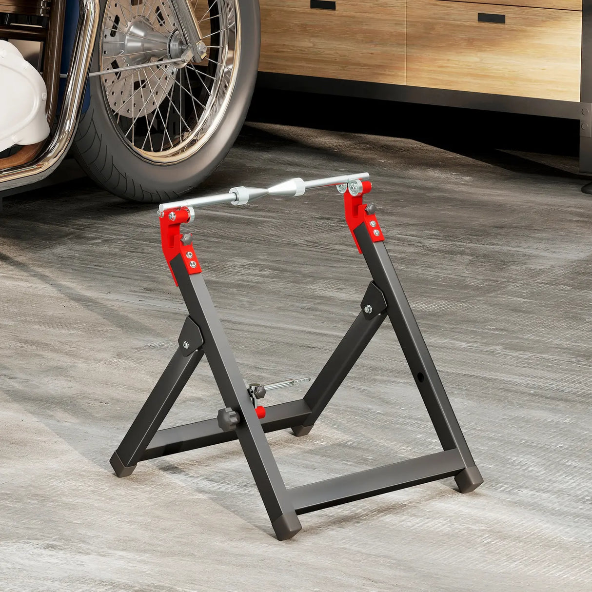 HOMCOM Foldable Motorcycle Wheel Balancer Truing Stand with Spoke Wrench, Steel Bike Tyre Rim Balancing Stand with Aluminium Shaft, Fits Wheels up to 23" in Diameter, 5" in Width, Black