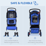 PawHut Dog Stroller with Rain Cover for Small Miniature Dogs, Folding Pet Pram with Cup Holder, Storage Basket, Reflective Strips, Blue