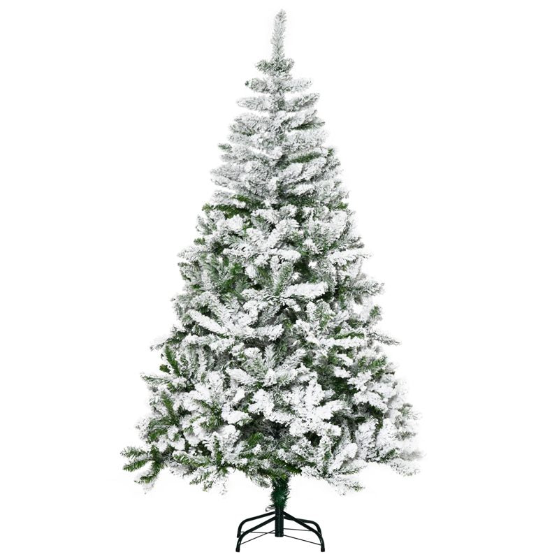 HOMCOM 6 Ft Snow Flocked Artificial Christmas Tree Xmas Pine Tree with Realistic Branches, Auto Open and Steel Base, Green