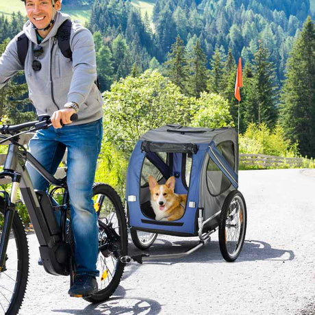 PawHut Folding Dog Bike Trailer Pet Cart Carrier for Bicycle Travel in Steel Frame with Hitch Coupler - Blue & Grey