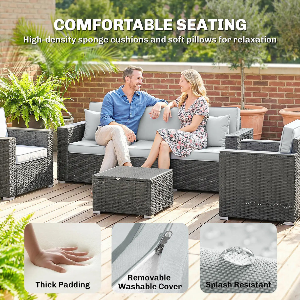 Outsunny 5 Seater Rattan Garden Furniture Set with Wide Armrests, Cushions, Pillows for Patio, Dark Grey