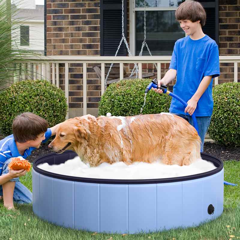 PawHut Foldable Dog Paddling Pool Pet Cat Swimming Pool Indoor/Outdoor Collapsible Summer Bathing Tub Shower Tub Puppy Washer (Φ120 × 30H cm, Blue)